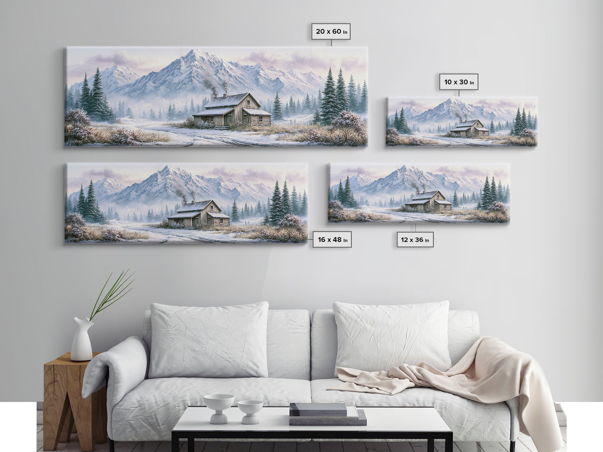 Winter Mountain Scene Framed Canvas Print, Rustic Art, Room Decor, Farmhouse Decor, Fine Art, Rustic, Oil Painting, RUS-3x1-63
