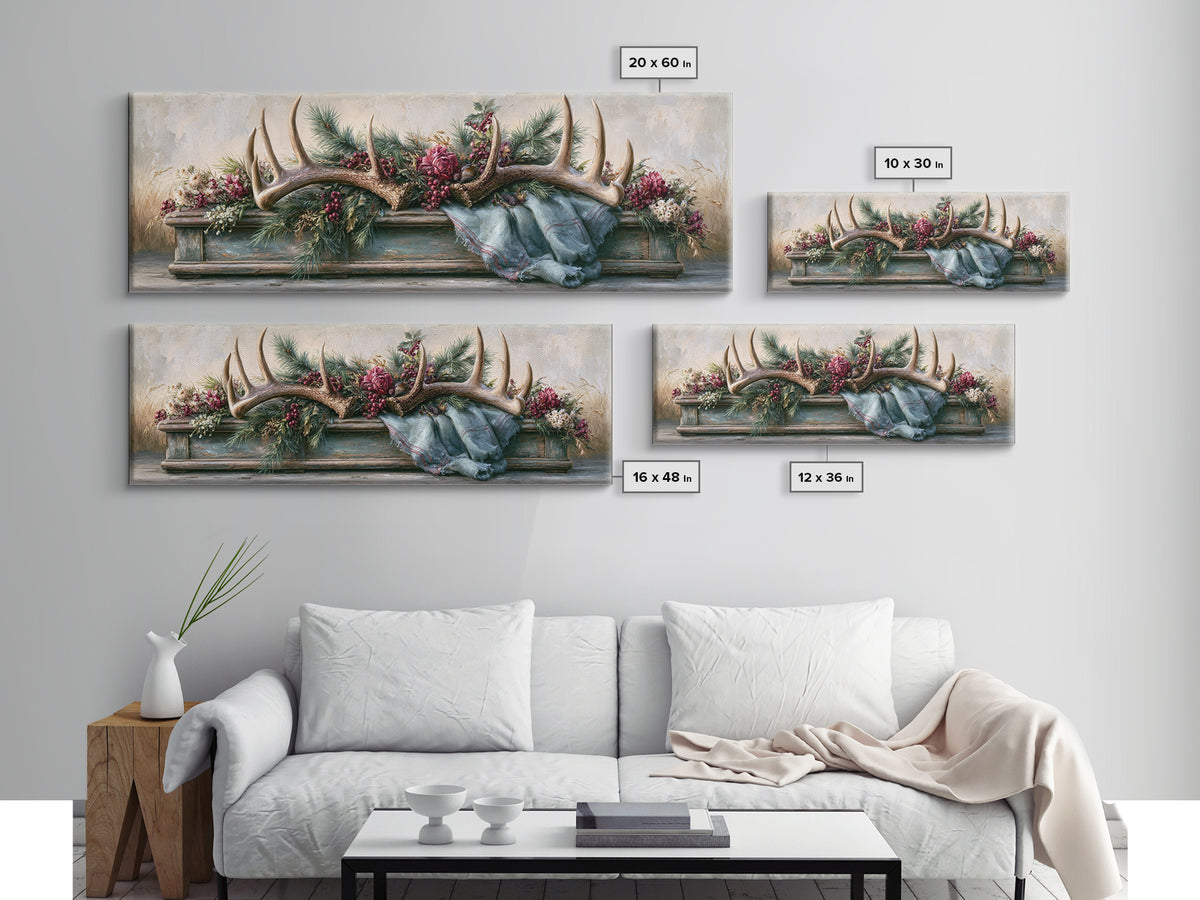 Deer Antlers with Pine Branches and Berries Canvas Print, Rustic Art, Abstract Wall Art, Farmhouse Decor, Watercolor Art, RUS-3x1-66