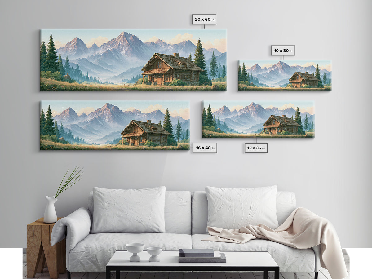 Mountain Cabin Landscape Framed Canvas Print, Rustic Art, Oil Painting, Farmhouse Decor, Fine Art, Rustic, Modern Art, RUS-3x1-67