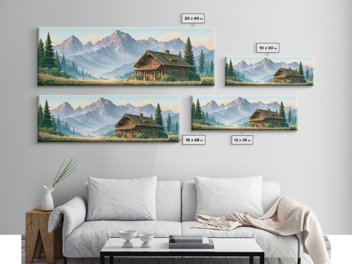 Mountain Cabin Landscape Framed Canvas Print, Rustic Art, Oil Painting, Farmhouse Decor, Fine Art, Rustic, Modern Art, RUS-3x1-67