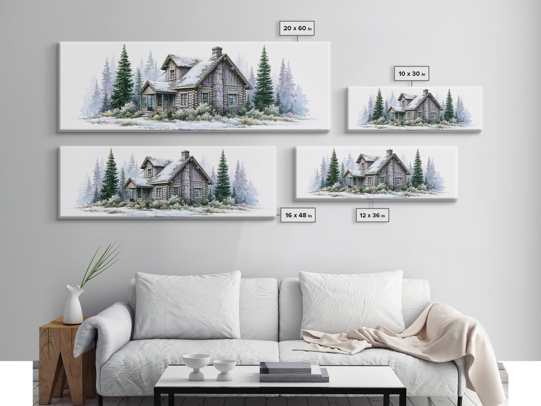 Log Cabin with Snowy Pines Framed Canvas Print, Rustic Art, Wall Decor, Farmhouse Decor, Fine Art, Rustic, Wall Art, Home Decor, RUS-3x1-7