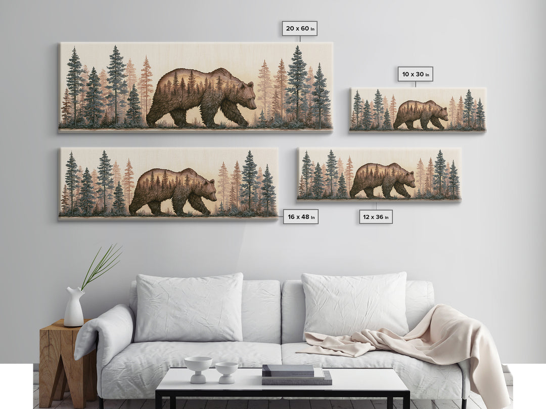Bear Silhouette Among Pine Trees Canvas Print, Rustic Art, Digital Print, Farmhouse Decor, Fine Art, Rustic, Landscape Painting, RUS-3x1-71