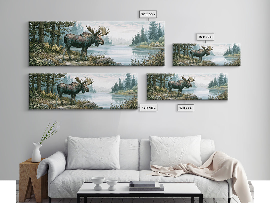 Moose Standing by a Quiet Lake Framed Canvas Print, Rustic Art, Gallery Wall Art, Farmhouse Decor, Oil Painting, Rustic, RUS-3x1-73