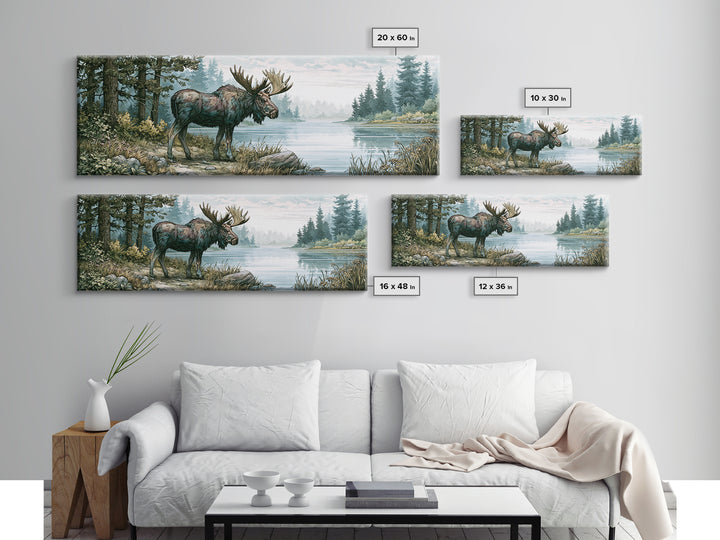 Moose Standing by a Quiet Lake Framed Canvas Print, Rustic Art, Gallery Wall Art, Farmhouse Decor, Oil Painting, Rustic, RUS-3x1-73