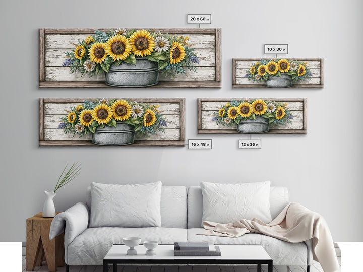 Sunflowers in a Metal Bucket Canvas Print, Rustic Art, Home Decor, Farmhouse Decor, Oil Painting, Rustic, Living Room Decor, RUS-3x1-76