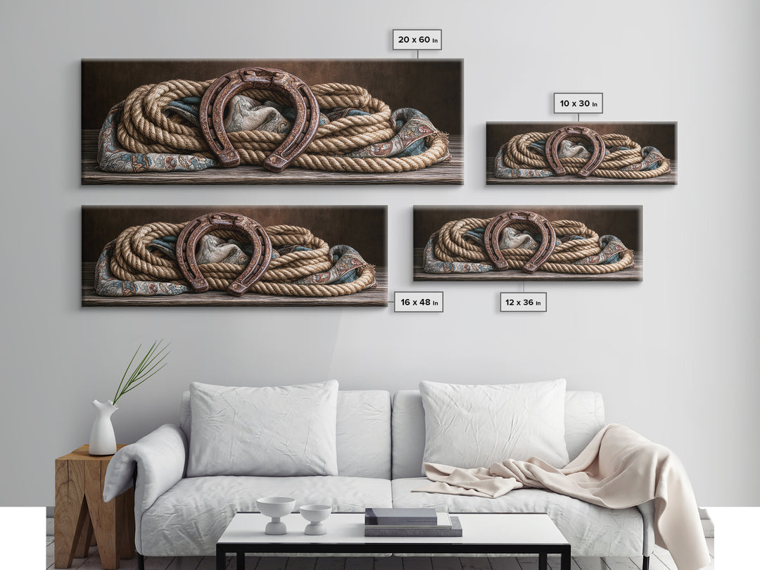 Rusty Horseshoe and Rope Composition Framed Canvas Print, Rustic Art, Modern Art, Farmhouse Decor, Rustic, Neutral Decor, RUS-3x1-77