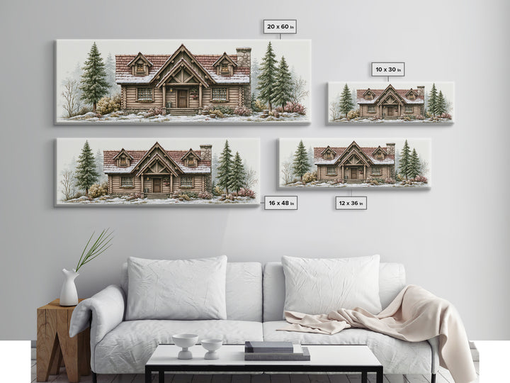 Log Cabin with Snowy Pines Framed Canvas Print, Rustic Art, Printable Art, Farmhouse Decor, Oil Painting, Rustic, RUS-3x1-79