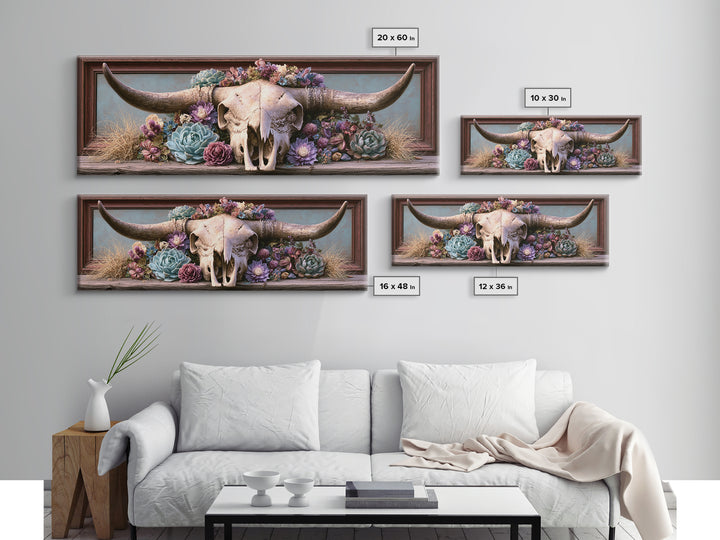Cow Skull with Desert Flowers Framed Canvas Print, Rustic Art, Landscape Painting, Farmhouse Decor, Watercolor Art, Rustic, RUS-3x1-81