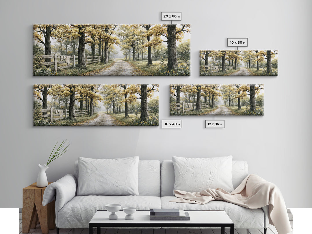 Forest Path with Golden Autumn Leaves Framed Canvas Print, Rustic Art, Farmhouse Decor, Oil Painting, Rustic, Gallery Wall Art, RUS-3x1-82