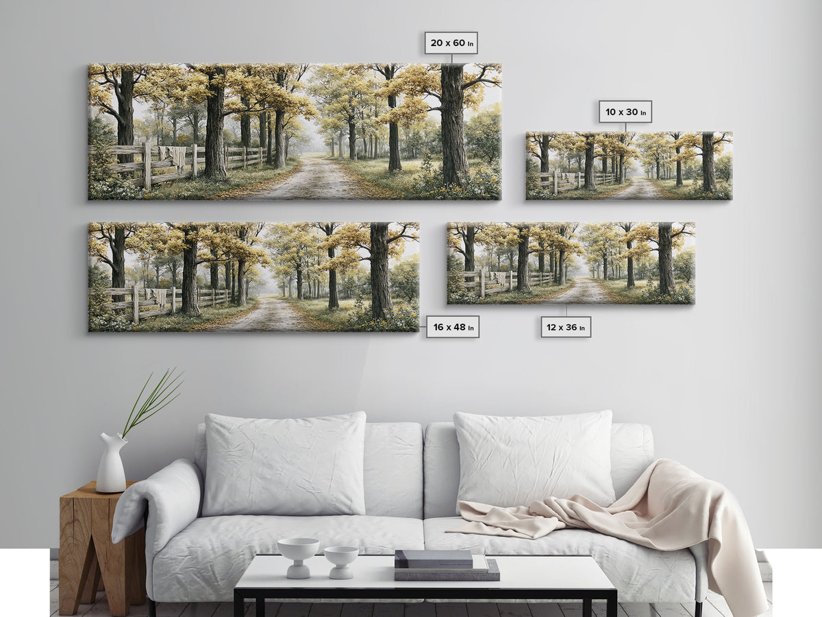 Forest Path with Golden Autumn Leaves Framed Canvas Print, Rustic Art, Farmhouse Decor, Oil Painting, Rustic, Gallery Wall Art, RUS-3x1-82