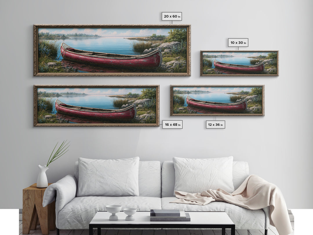 Old Canoe Pulled Onto a Lake Shore Framed Canvas Print, Rustic Art, Painting, Farmhouse Decor, Fine Art, Rustic, Boho Wall Art, RUS-3x1-84