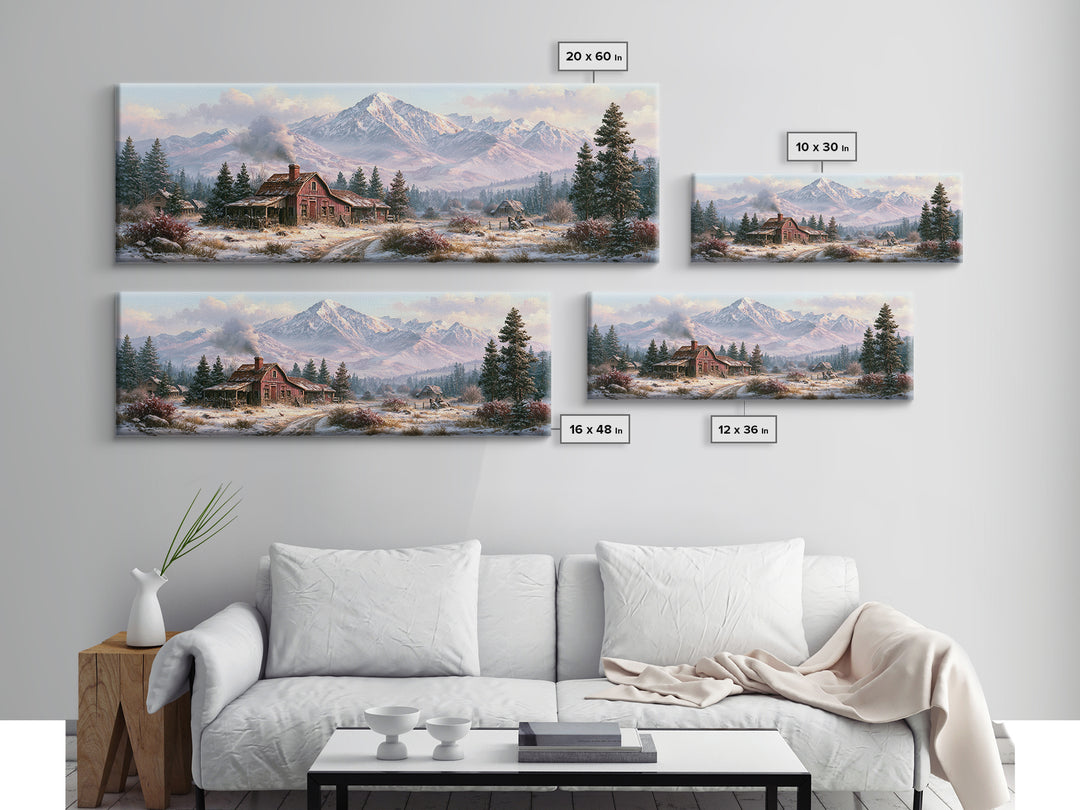 Winter Mountain Scene Framed Canvas Print, Rustic Art, Printable Wall Art, Farmhouse Decor, Watercolor Art, Rustic, Wood Art, RUS-3x1-87