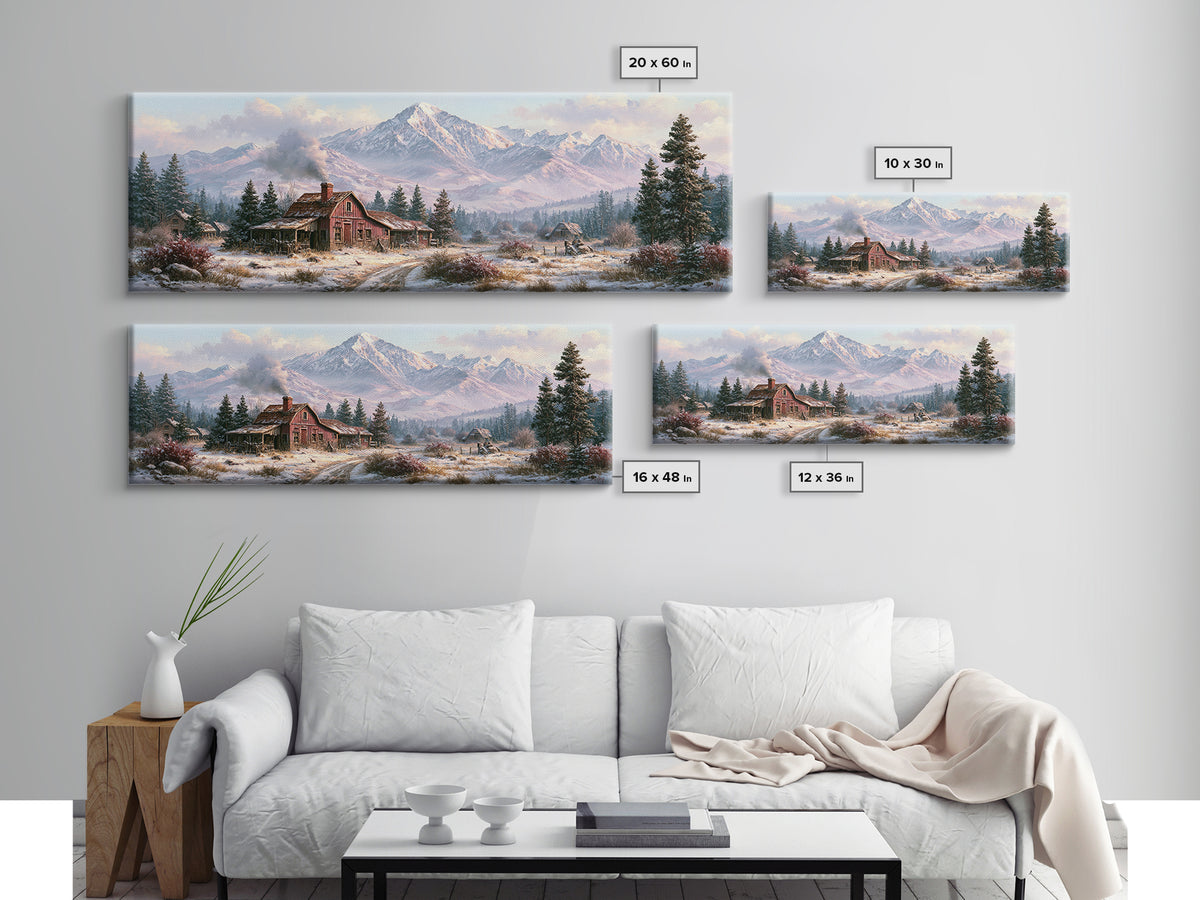 Winter Mountain Scene Framed Canvas Print, Rustic Art, Printable Wall Art, Farmhouse Decor, Watercolor Art, Rustic, Wood Art, RUS-3x1-87