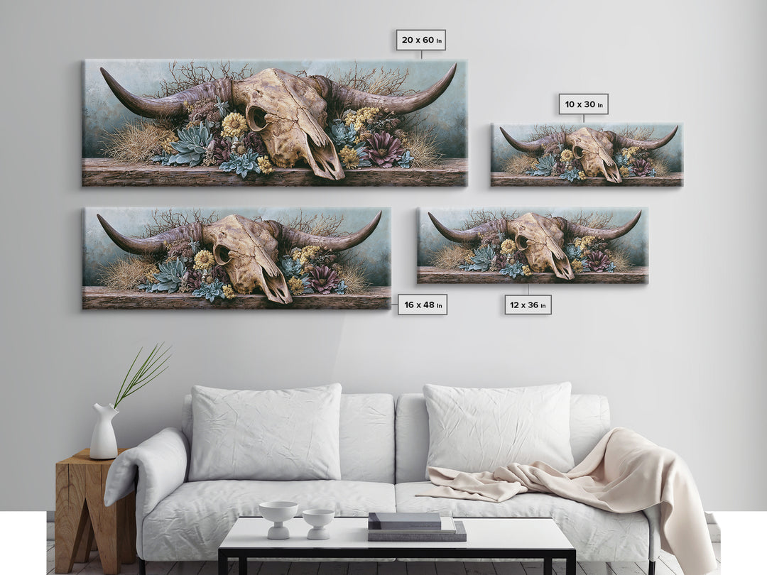 Cow Skull with Desert Flowers Framed Canvas Print, Rustic Art, Wood Wall Art, Farmhouse Decor, Rustic, Eclectic Wall Art, RUS-3x1-9
