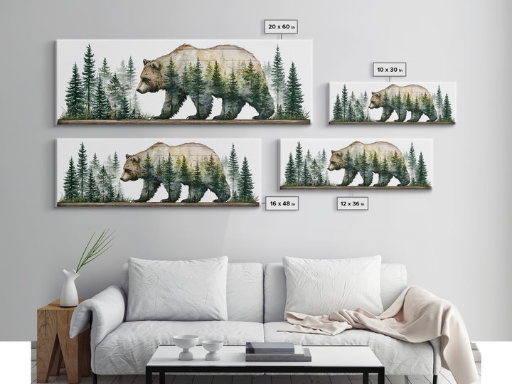 Bear Silhouette Among Pine Trees Canvas Print, Rustic Art, Textured Painting, Farmhouse Decor, Oil Painting, Rustic, RUS-3x1-95