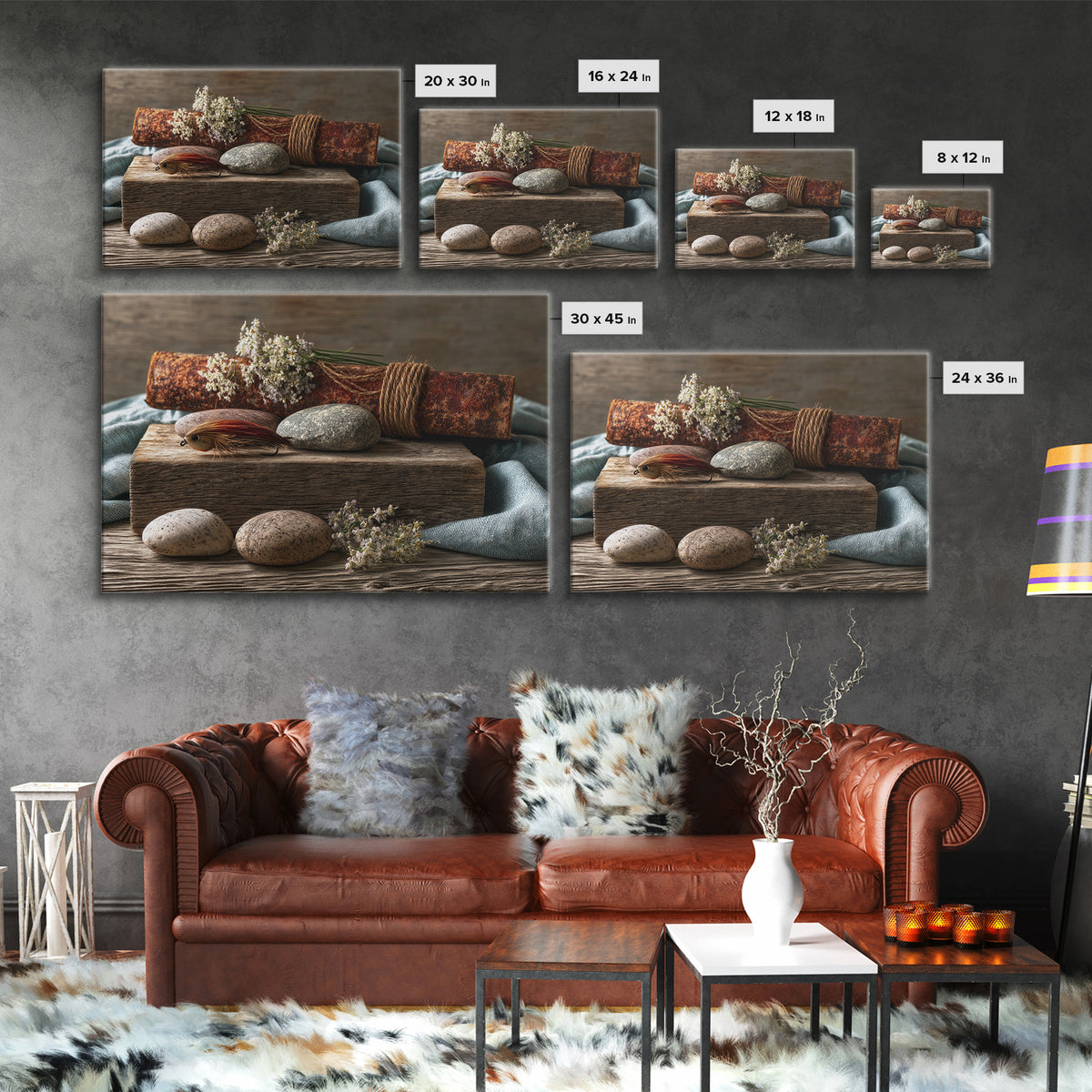 Trout Fishing Lure and River Stones Framed Canvas Print, Rustic Art, Oil Painting, Farmhouse Decor, Fine Art, Rustic, RUS-3x2-18