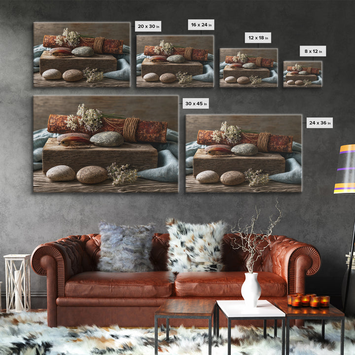 Trout Fishing Lure and River Stones Framed Canvas Print, Rustic Art, Oil Painting, Farmhouse Decor, Fine Art, Rustic, RUS-3x2-18