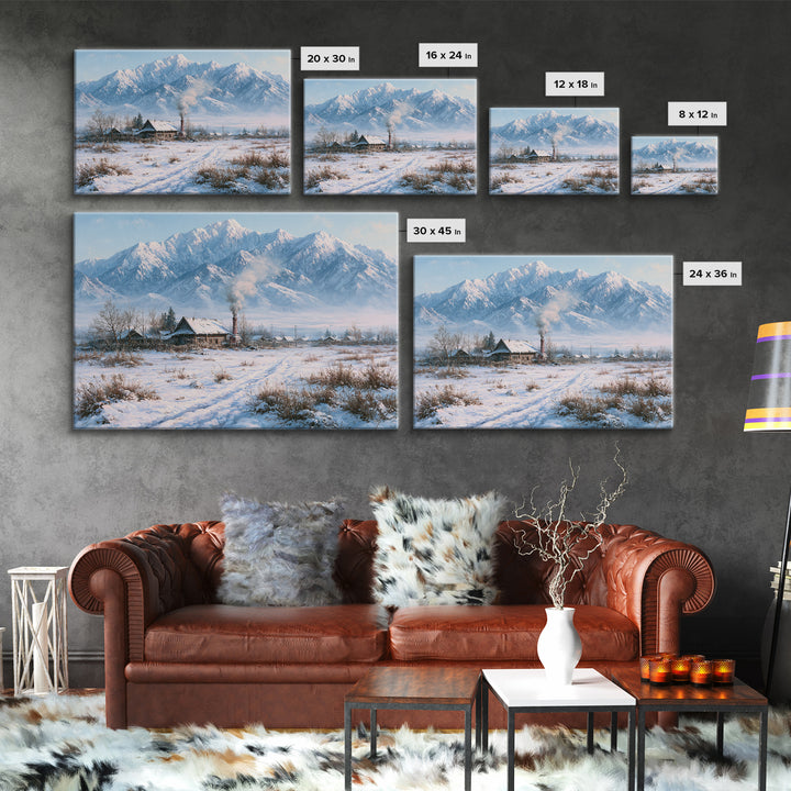 Winter Mountain Scene Framed Canvas Print, Rustic Art, Wood Art, Farmhouse Decor, Fine Art, Rustic, Wall Decor, Neutral Decor, RUS-3x2-27