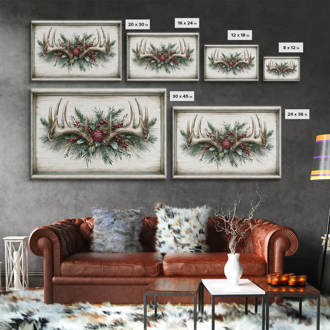 Deer Antlers with Pine Branches and Berries Canvas Print, Rustic Art, 3d Wall Art, Farmhouse Decor, Oil Painting, Rustic, RUS-3x2-30