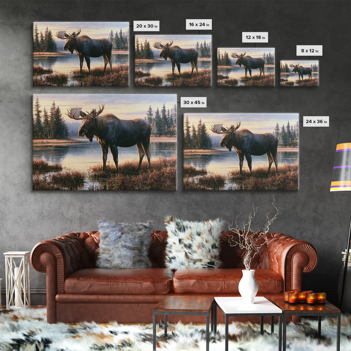 Moose Standing by a Quiet Lake Canvas Print, Rustic Art, Landscape Painting, Farmhouse Decor, Fine Art, Rustic, Modern Decor, RUS-3x2-37