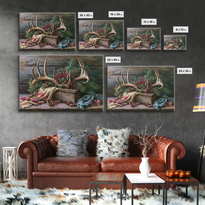 Deer Antlers with Pine Branches and Berries Canvas Print, Rustic Art, 3d Wall Art, Farmhouse Decor, Oil Painting, Rustic, RUS-3x2-54