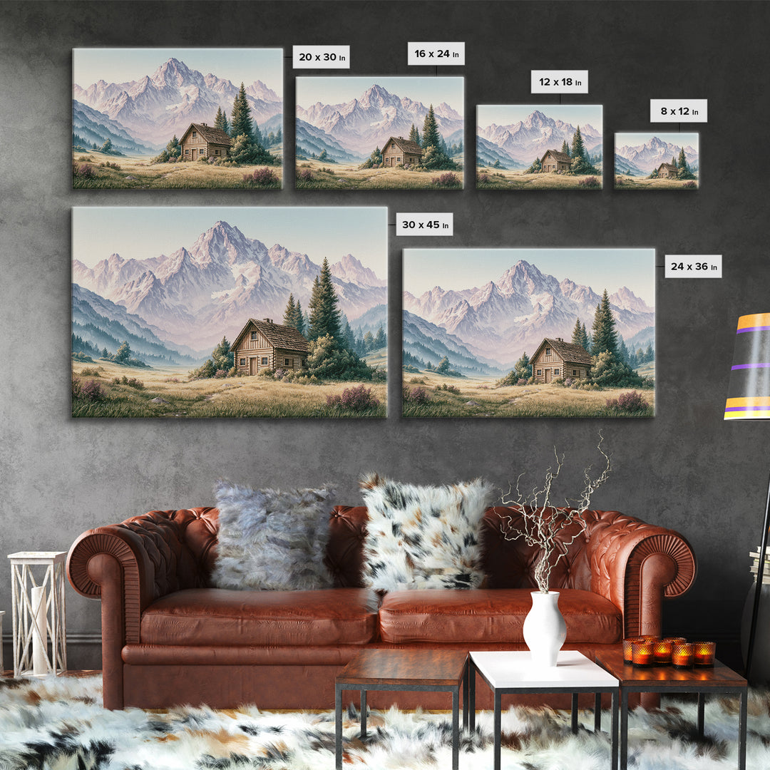 Mountain Cabin Landscape Framed Canvas Print, Rustic Art, Painting, Farmhouse Decor, Fine Art, Rustic, Boho Wall Art, RUS-3x2-55