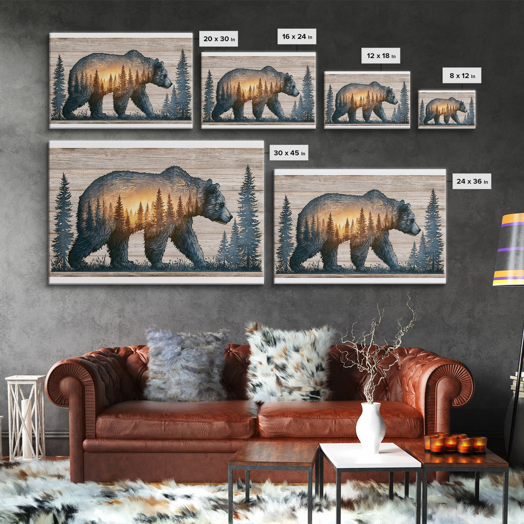 Bear Silhouette Among Pine Trees Framed Canvas Print, Rustic Art, Luxury Decor, Farmhouse Decor, Oil Painting, Rustic, RUS-3x2-59