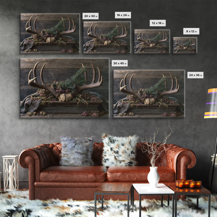 Deer Antlers with Pine Branches and Berries Framed Canvas Print, Rustic Art, Printable Art, Farmhouse Decor, Fine Art, Rustic, RUS-3x2-6