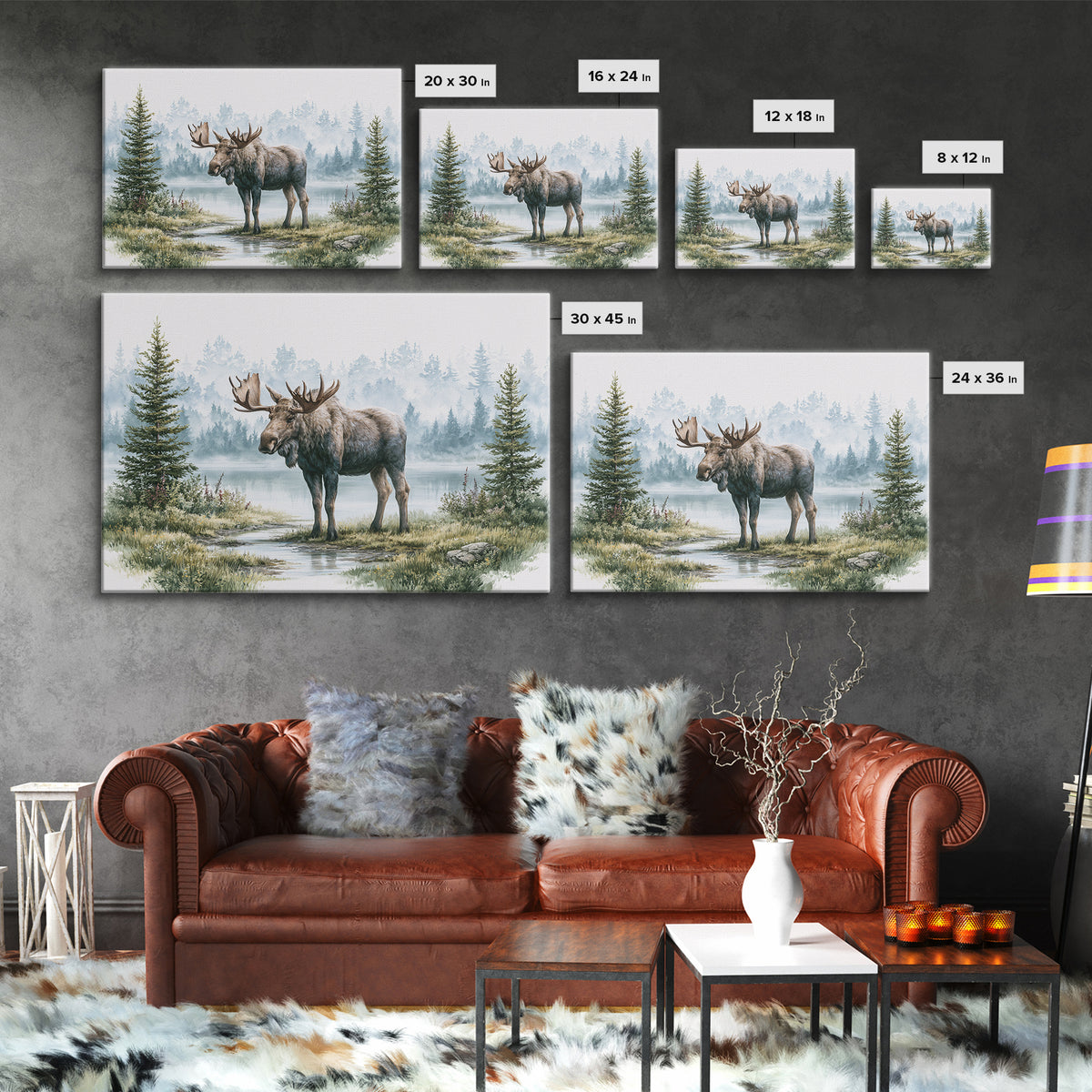 Moose Standing by a Quiet Lake Canvas Print, Rustic Art, Landscape Painting, Farmhouse Decor, Fine Art, Rustic, Modern Decor, RUS-3x2-61