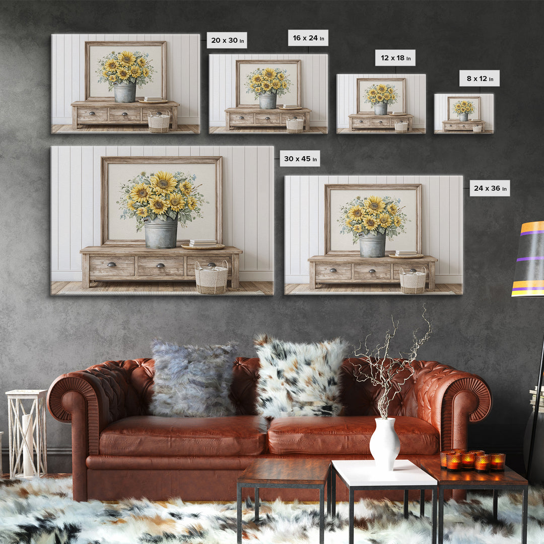 Sunflowers in a Metal Bucket Framed Canvas Print, Rustic Art, Gallery Decor, Farmhouse Decor, Fine Art, Rustic, RUS-3x2-64