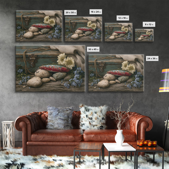 Trout Fishing Lure and River Stones Canvas Print, Rustic Art, Living Room Decor, Farmhouse Decor, Rustic, Landscape Wall Art, RUS-3x2-66
