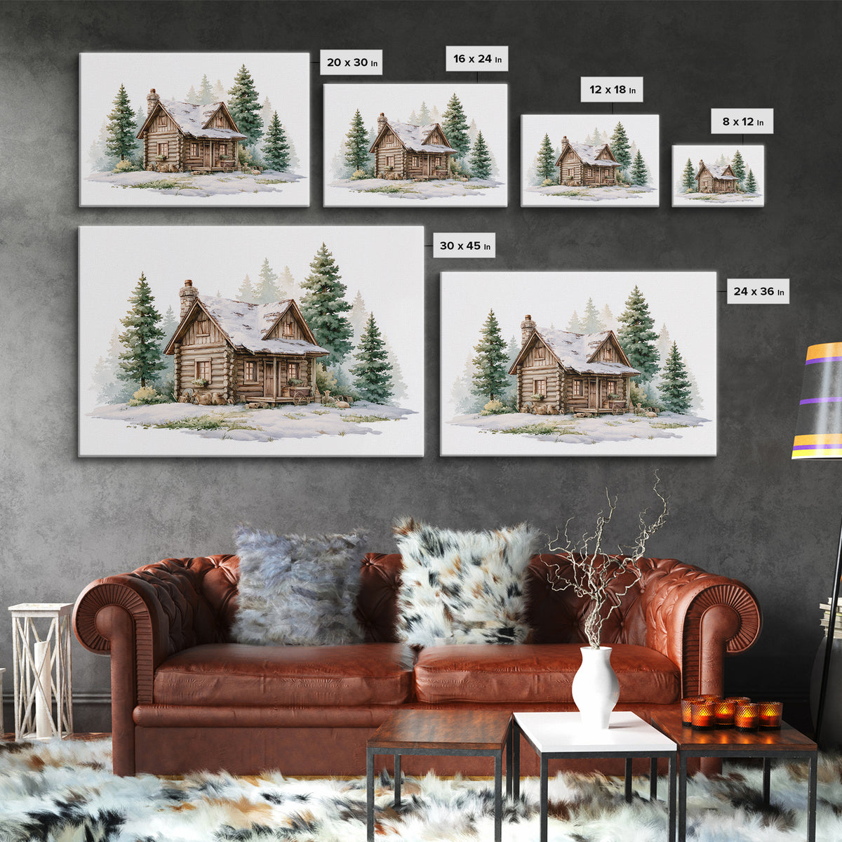 Log Cabin with Snowy Pines Canvas Print, Rustic Art, Textured Painting, Farmhouse Decor, Watercolor Art, Rustic, Digital Print, RUS-3x2-67