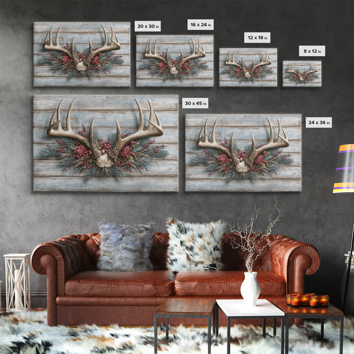 Deer Antlers with Pine Branches and Berries Framed Canvas Print, Rustic Art, Eclectic Wall Art, Farmhouse Decor, Watercolor Art, RUS-3x2-78