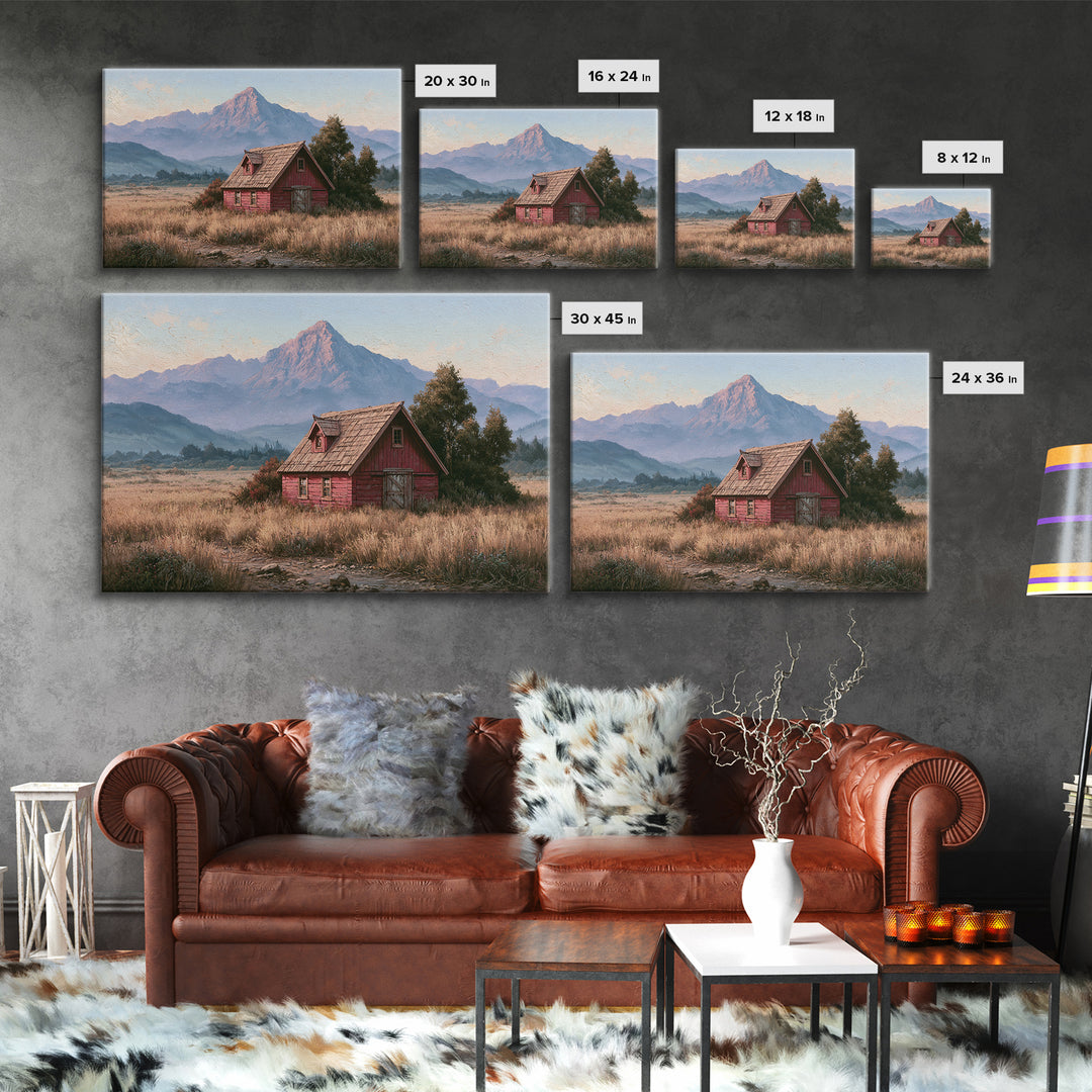 Mountain Cabin Landscape Framed Canvas Print, Rustic Art, Landscape Wall Art, Farmhouse Decor, Fine Art, Rustic, Luxury Decor, RUS-3x2-79