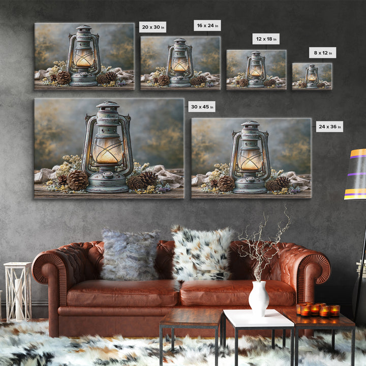 Rustic Lantern Glowing Beside Pinecones Framed Canvas Print, Rustic Art, Fine Art Print, Farmhouse Decor, Watercolor Art, RUS-3x2-80