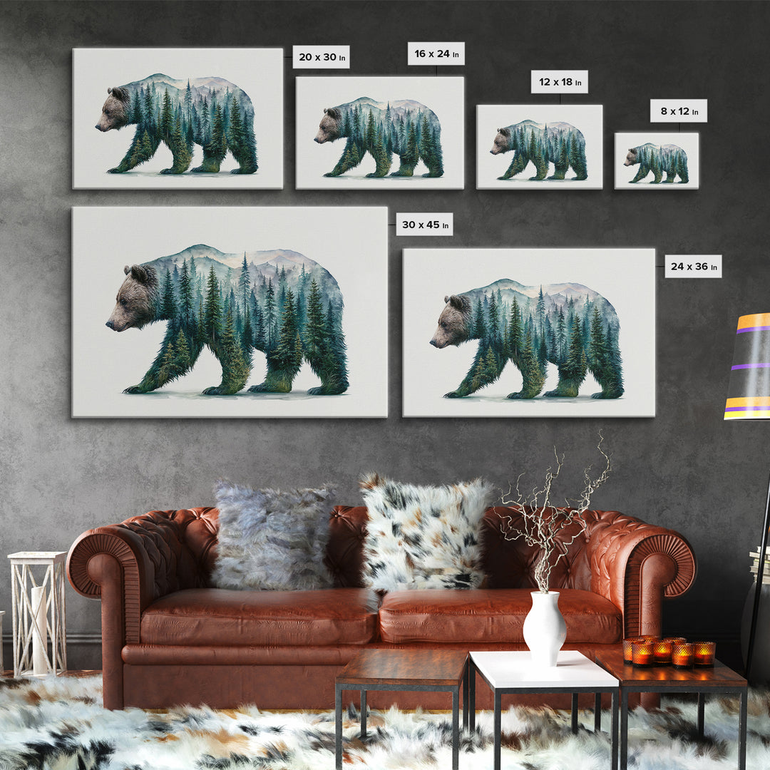 Bear Silhouette Among Pine Trees Canvas Print, Rustic Art, Wall Art, Farmhouse Decor, Fine Art, Rustic, Living Room Decor, RUS-3x2-83