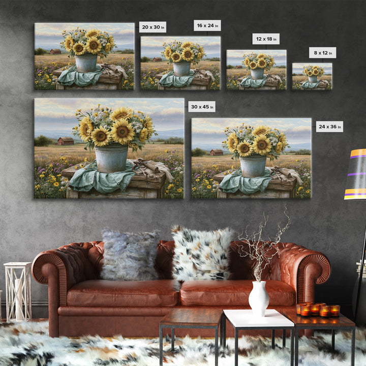 Sunflowers in a Metal Bucket Canvas Print, Rustic Art, Boho Decor, Farmhouse Decor, Oil Painting, Rustic, Digital Art, RUS-3x2-88