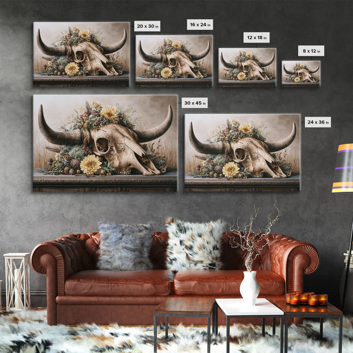 Cow Skull with Desert Flowers Canvas Print, Rustic Art, Living Room Art, Farmhouse Decor, Oil Painting, Rustic, RUS-3x2-93