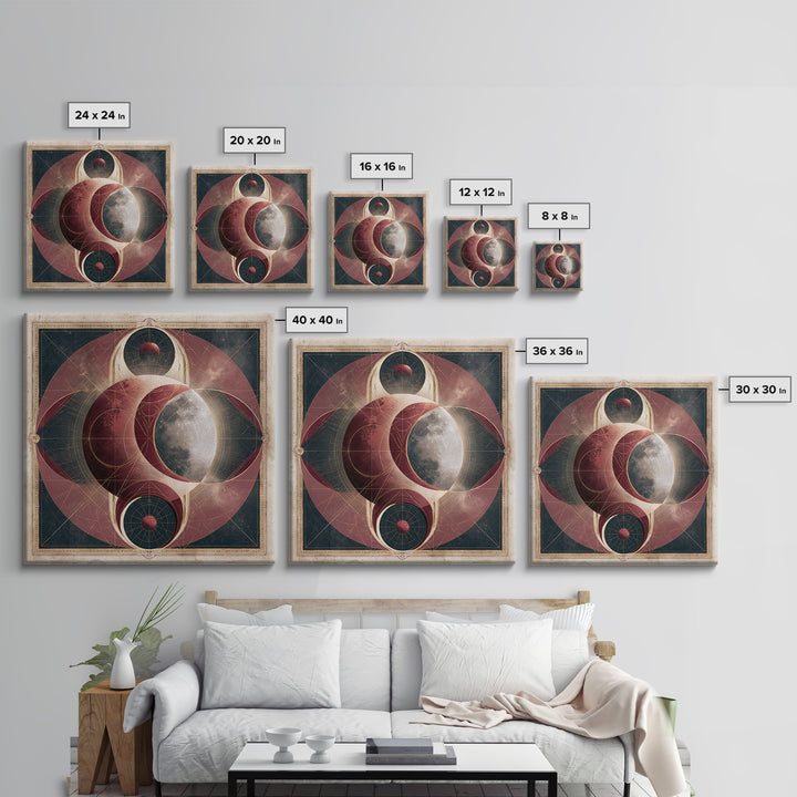 Lunar Eclipse in Deep Red Tones Framed Canvas Print, Space Art, Digital Wall Art, Spa Decor, Serenity, Abstract Painting, SAR-1x1-11