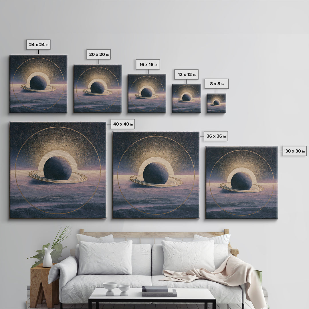 Ringed Planet Rising Framed Canvas Print, Space Art, Retro Wall Art, Spa Decor, Oil Painting, Serenity, Textured Painting, SAR-1x1-2