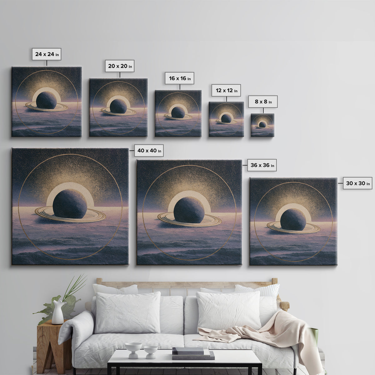 Ringed Planet Rising Framed Canvas Print, Space Art, Retro Wall Art, Spa Decor, Oil Painting, Serenity, Textured Painting, SAR-1x1-2