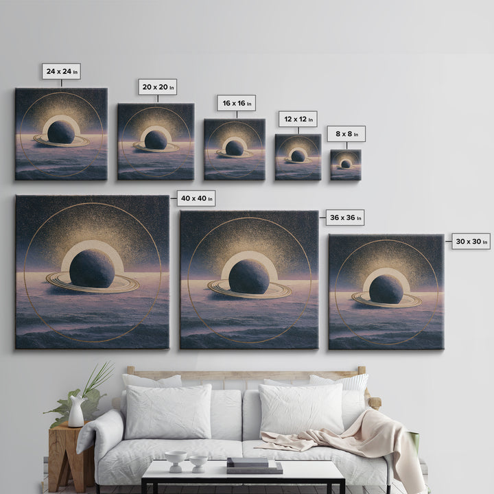 Ringed Planet Rising Framed Canvas Print, Space Art, Retro Wall Art, Spa Decor, Oil Painting, Serenity, Textured Painting, SAR-1x1-2