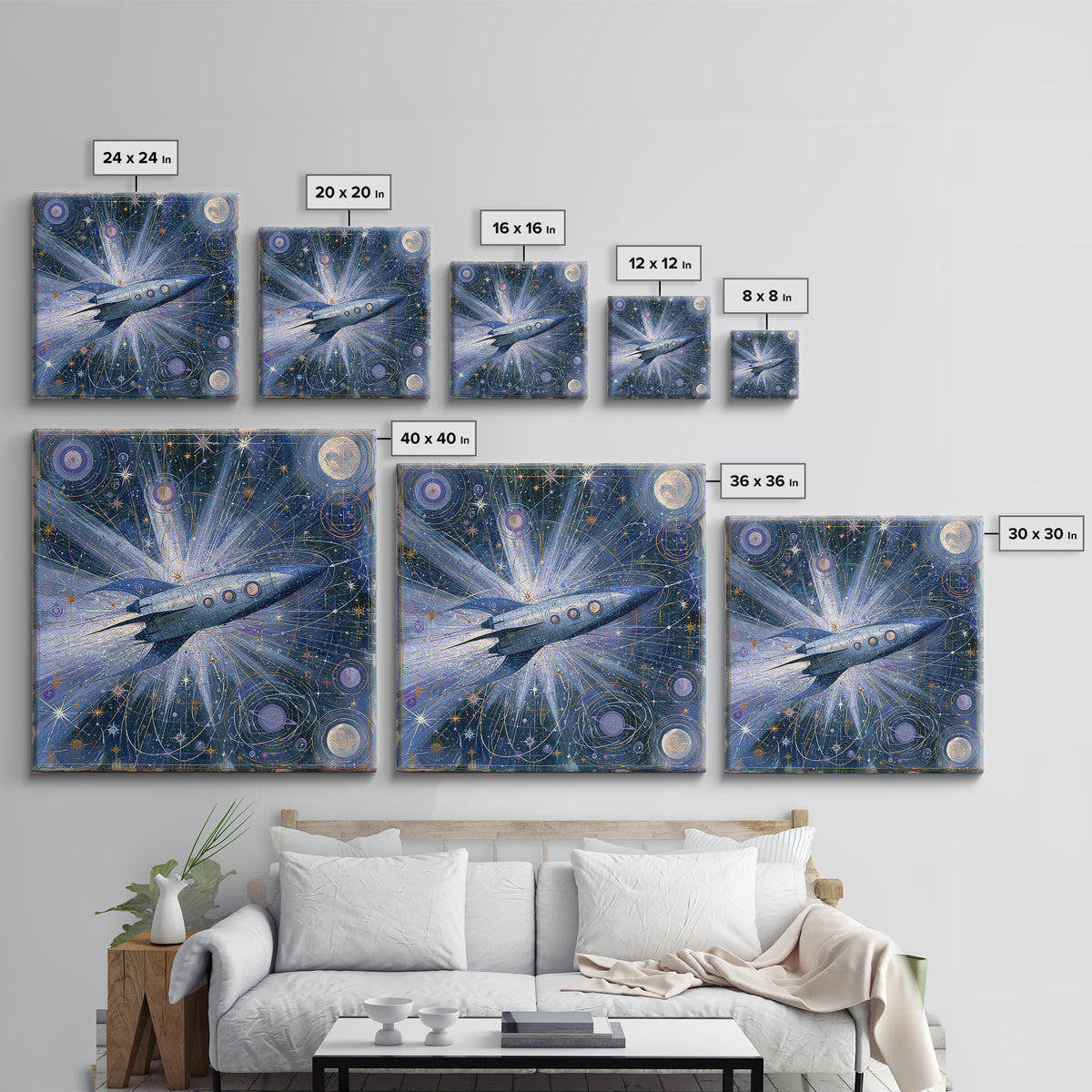 Rocket Ship Crossing a Retro Star Field Framed Canvas Print, Space Art, Fine Art Print, Spa Decor, Watercolor Art, Serenity, SAR-1x1-34