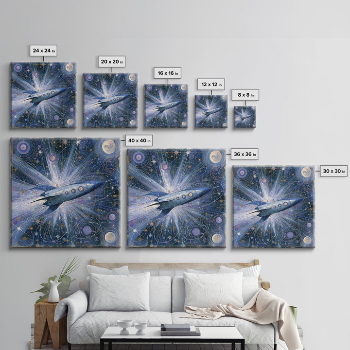 Rocket Ship Crossing a Retro Star Field Framed Canvas Print, Space Art, Fine Art Print, Spa Decor, Watercolor Art, Serenity, SAR-1x1-34