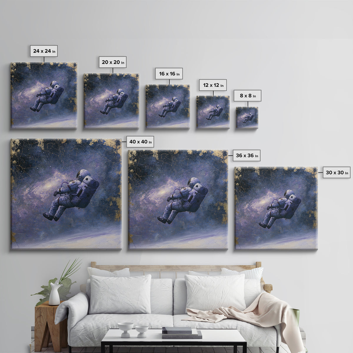 Astronaut Floating Near a Glowing Galaxy Framed Canvas Print, Space Art, Gallery Decor, Spa Decor, Oil Painting, Serenity, SAR-1x1-51