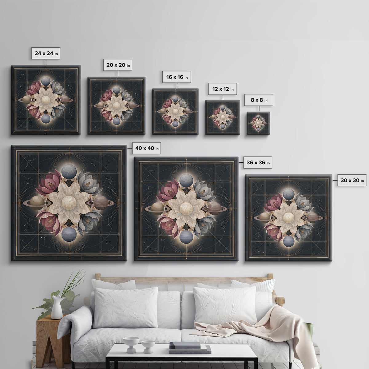 Cosmic Garden with Planets as Flowers Framed Canvas Print, Space Art, Contemporary Art, Spa Decor, Fine Art, Serenity, SAR-1x1-61