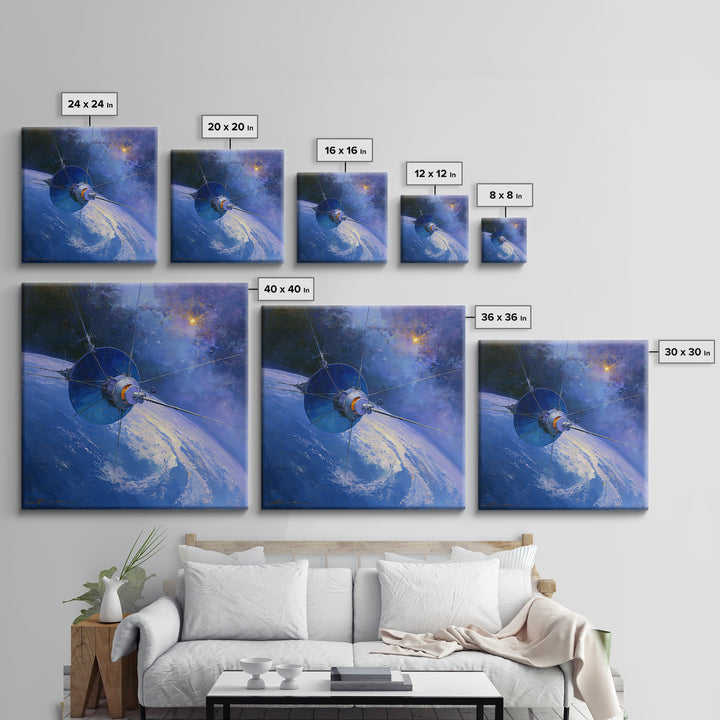Satellite Orbiting Above Blue Planet Framed Canvas Print, Space Art, Retro Wall Art, Spa Decor, Abstract Art, Serenity, SAR-1x1-84
