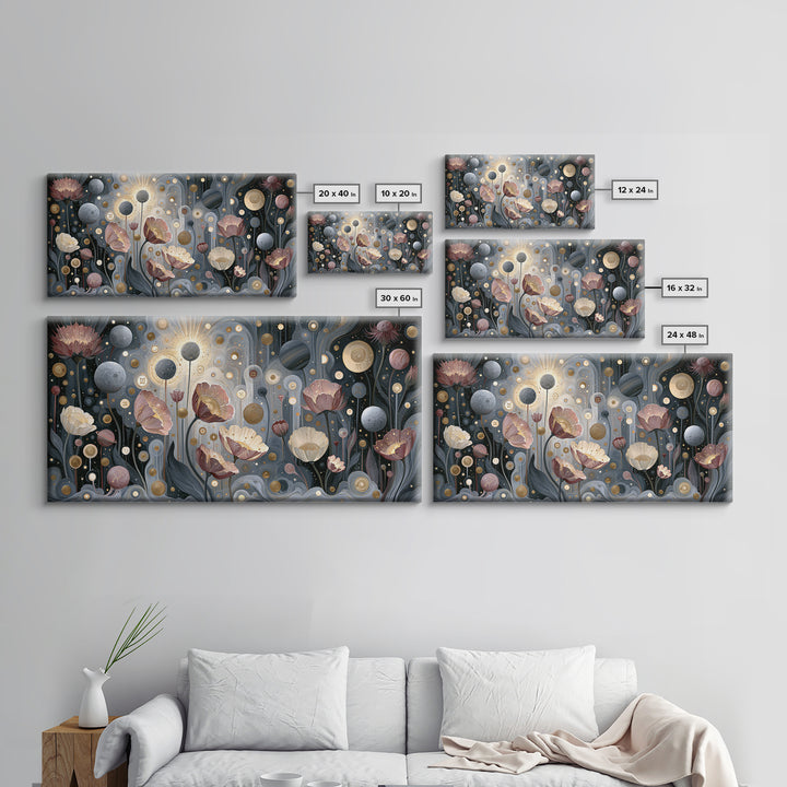 Cosmic Garden with Planets as Flowers Framed Canvas Print, Space Art, Digital Art, Spa Decor, Watercolor Art, Serenity, SAR-2x1-33