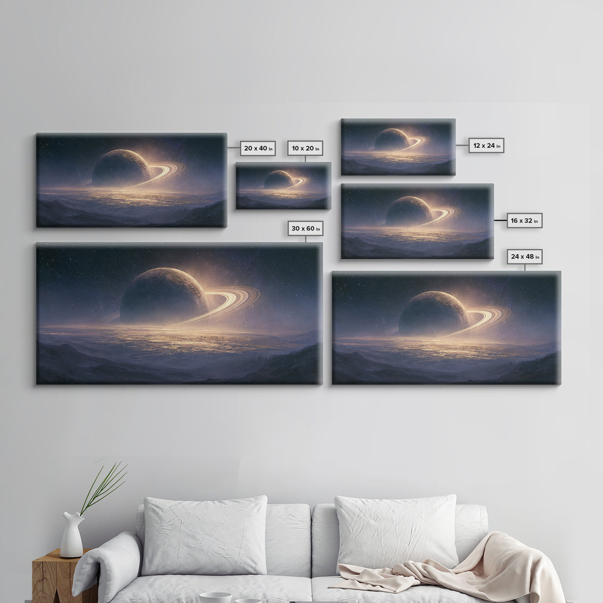 Ringed Planet Rising Framed Canvas Print, Space Art, Posters, Spa Decor, Fine Art, Serenity, Abstract Art, Printable Art, SAR-2x1-46