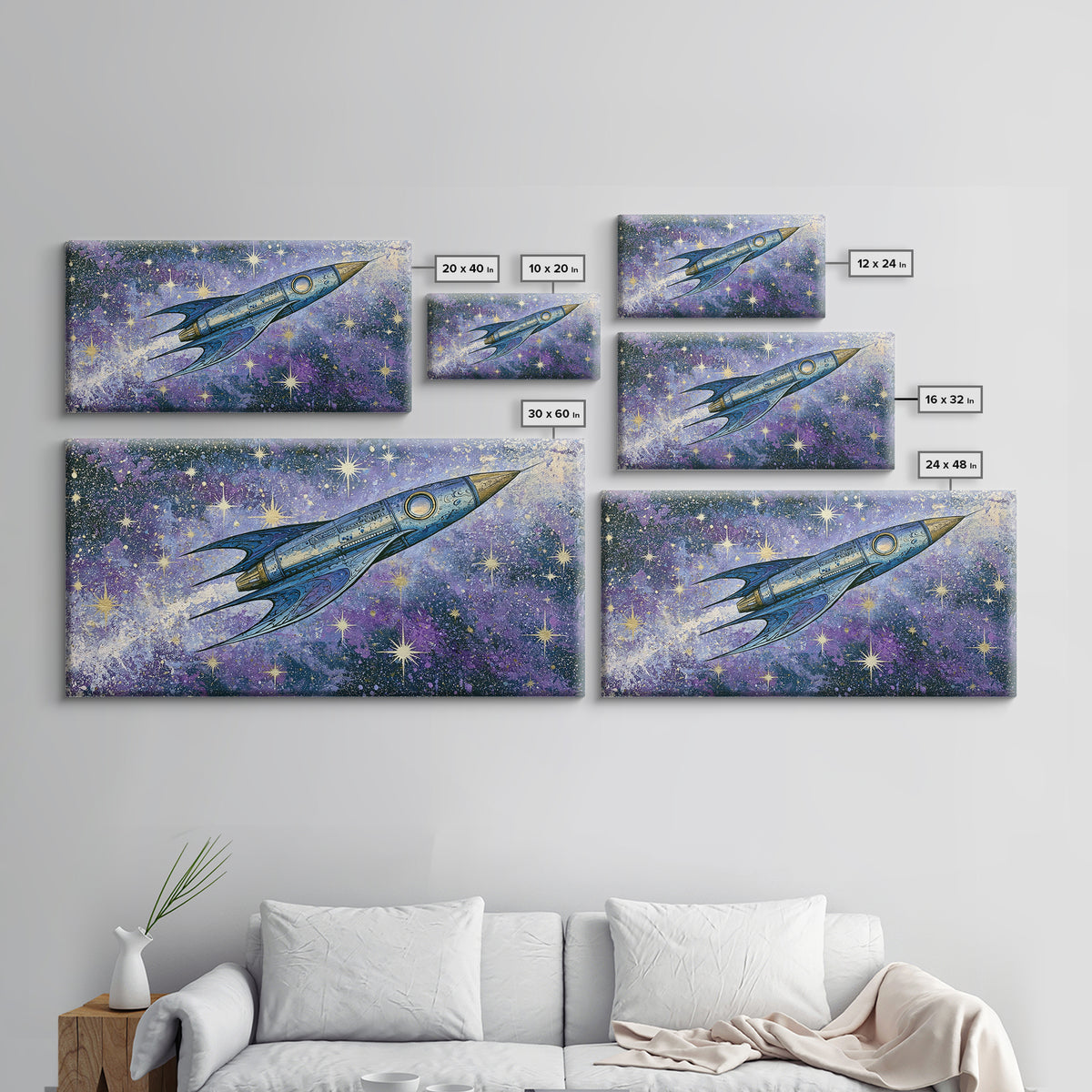 Rocket Ship Crossing a Retro Star Field Canvas Print, Space Art, Art Prints, Spa Decor, Fine Art, Serenity, Abstract Wall Art, SAR-2x1-54